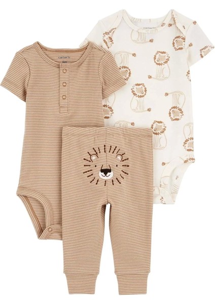 Erkek Bebek Body Pantolon Set 3'lü Paket Kahverengi