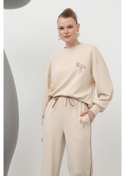 32162 Puane Modal Kumaş Kuş Nakış Detaylı Tesettür Ikili Takım