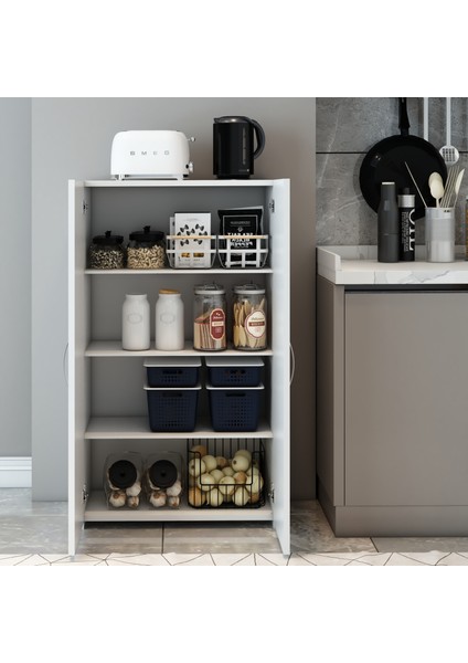 Pera Çok Amaçlı Beyaz 4 Raflı 2 Kapaklı Mutfak & Banyo & Balkon & Ofis & Antre Dolabı / Kolay Montaj