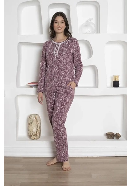 Kadın Mürdüm Çiçek Desenli Uzun Kol Cepli Pijama Takımı - Pamuklu Likralı Penye Mevsimlik 3 Düğmeli