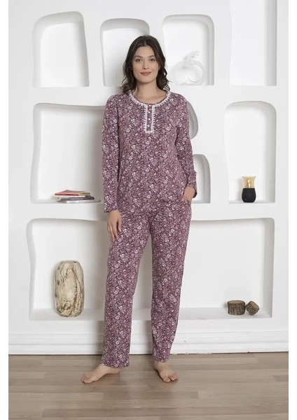 Kadın Mürdüm Çiçek Desenli Uzun Kol Cepli Pijama Takımı - Pamuklu Likralı Penye Mevsimlik 3 Düğmeli modelleri
