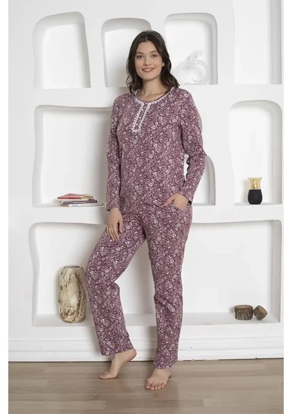 Kadın Mürdüm Çiçek Desenli Uzun Kol Cepli Pijama Takımı - Pamuklu Likralı Penye Mevsimlik 3 Düğmeli fırsatları