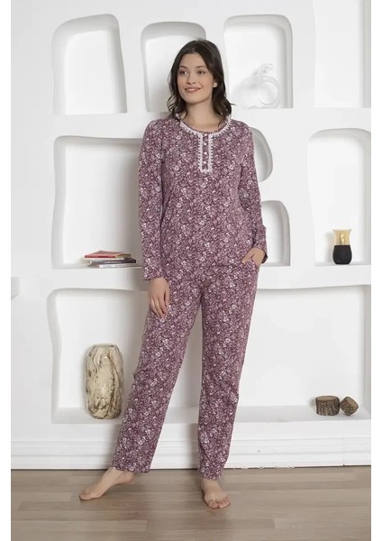 Kadın Mürdüm Çiçek Desenli Uzun Kol Cepli Pijama Takımı - Pamuklu Likralı Penye Mevsimlik 3 Düğmeli indirimleri