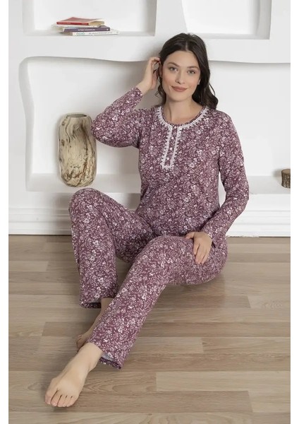 Kadın Mürdüm Çiçek Desenli Uzun Kol Cepli Pijama Takımı - Rahat Pamuklu Likralı Penye Mevsimlik 3 Düğmeli fiyatları