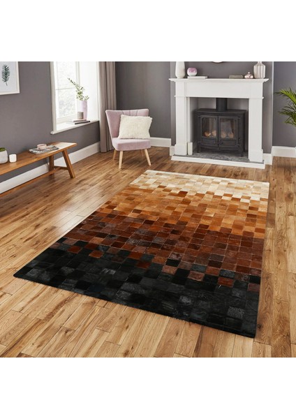 Ombre Desen Siyah, Kahverengi ve Krem Inek Derisi Patchwork Halı