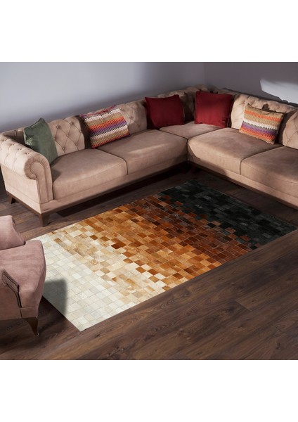 Ombre Desen Siyah, Kahverengi ve Krem Inek Derisi Patchwork Halı