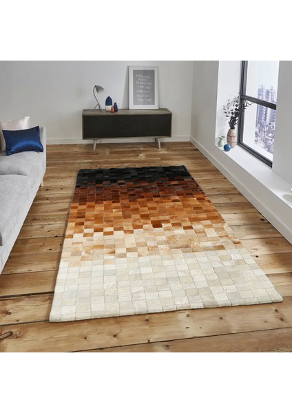 Ombre Desen Siyah, Kahverengi ve Krem Inek Derisi Patchwork Halı