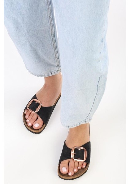 Siyah Nubuk Kadın Tek Toka Terlik - MTM-0049