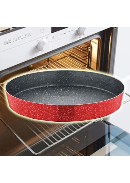 N38 Ultra Lüks Kalite ⌀38CM Yuvarlak Granit Fırın Tepsisi Içi 4 Kat Teflon®granit Dışı Silikon Kaplı