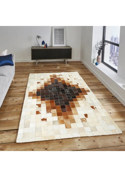 Krem ve Kahverengi Ombre Patchwork Dana Derisi Halı