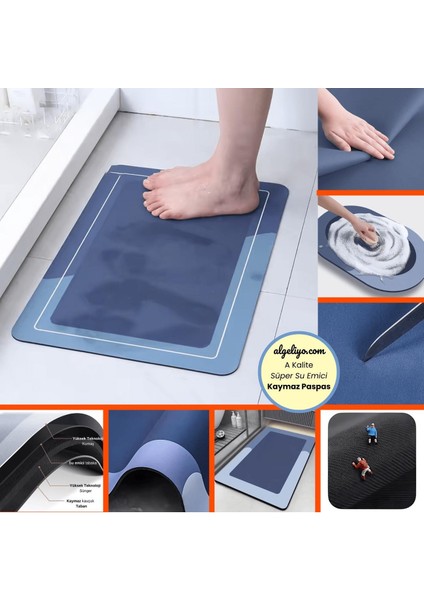 Köşeli Diktörtgen Antibakteriyel Diatomit Süper Sihirli Su Emici Kaymaz Tabanlı Banyo Paspası 60*40 cm