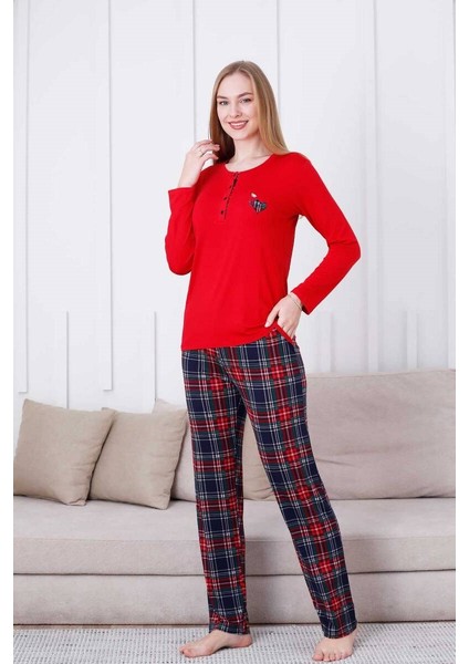 Kadın Kırmızı Ekose Desen Bisiklet Yaka 3 Düğmeli Viskon Uzun Kol Mevsimlik Cepli Pijama Takımı