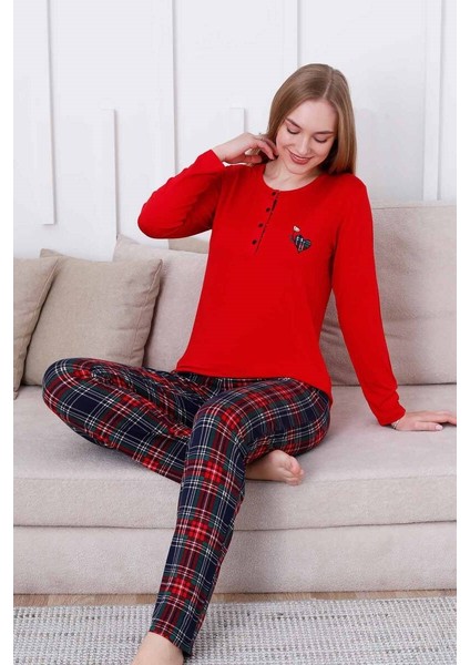 Kadın Kırmızı Ekose Desen Bisiklet Yaka 3 Düğmeli Viskon Uzun Kol Mevsimlik Cepli Pijama Takımı modelleri