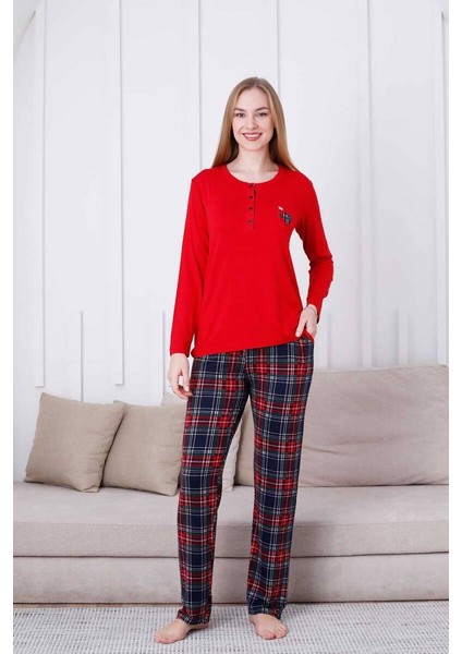 Kadın Kırmızı Ekose Desen Bisiklet Yaka 3 Düğmeli Viskon Uzun Kol Mevsimlik Cepli Pijama Takımı indirimleri