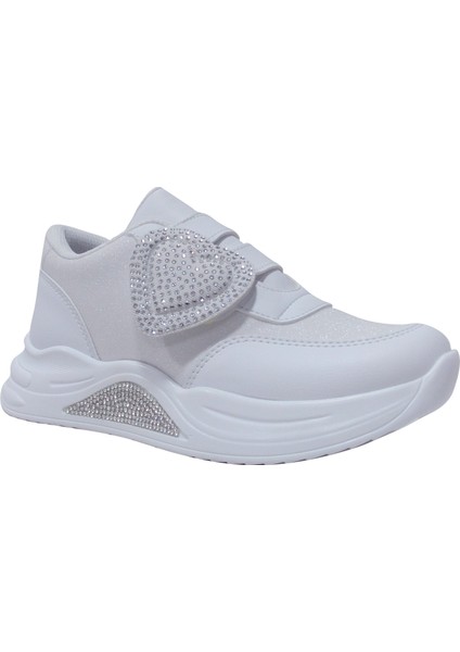 Beyaz Gümüş Kalpli Cırtlı Sneakers Çocuk Ayakkabı
