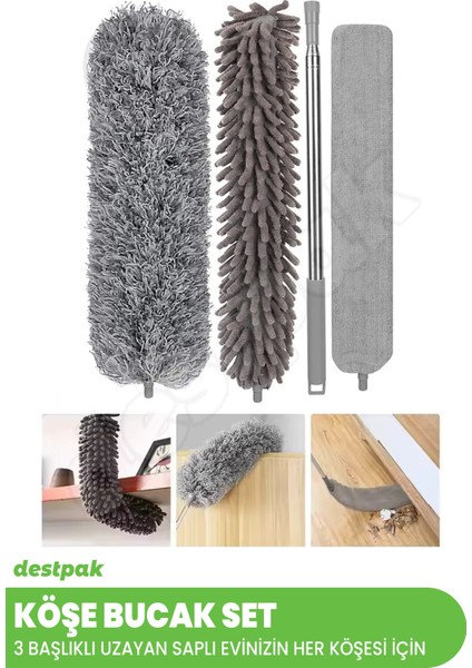 3 Başlıklı Uzayabilen Saplı - Mikrofiber Manyetik Anti-Statik Bükülebilen Toz Alma