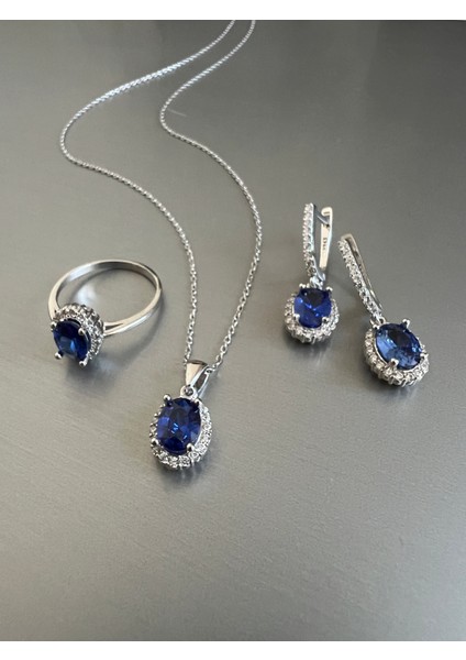 Yüzük Küpe Kolye Seti Tanzanit Taşlı Gümüş Takım