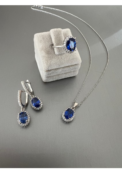 Yüzük Küpe Kolye Seti Tanzanit Taşlı Gümüş Takım modelleri