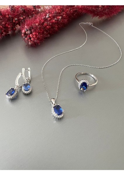 Yüzük Küpe Kolye Seti Tanzanit Taşlı Gümüş Takım fırsatları