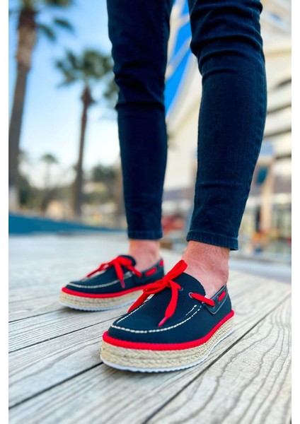 SHO311 Bağcıklı Jüt Taban Espadril Erkek Ayakkabı Sıyah - Kırmızı modelleri