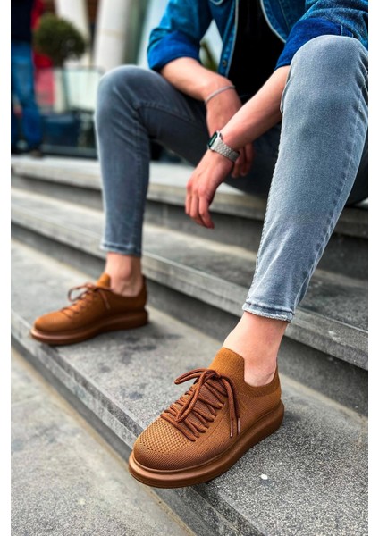 SHO307 Bağcıklı Yüksek Taban Rt Tricot Erkek Ayakkabı Kahve
