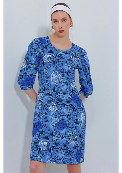 Saks Gül Desenli Midi Elbise 2477