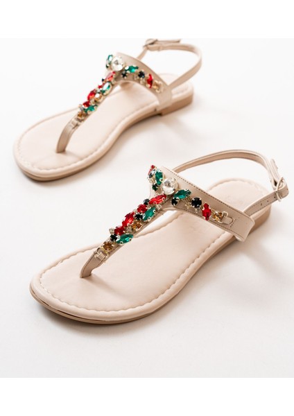 Deri Bayan Sandalet 152-1110 Bej Multi Taşlı Parmak Arası Kadın Sandalet