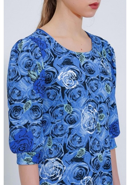 Saks Gül Desenli Midi Elbise 2477
