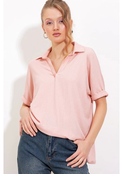 Pudra Oversize Polo Yaka Örme Bluz 0486