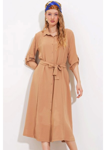 Camel Kuşaklı Gömlek Elbise 24
