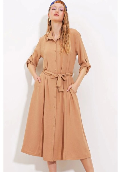 Camel Kuşaklı Gömlek Elbise 24