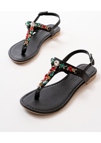 Deri Bayan Sandalet 152-1110 Siyah Multi Taşlı Parmak Arası Kadın Sandalet