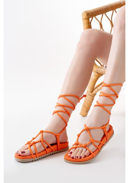 Deri Bayan Sandalet 1001-1001 Orange Bilekten Bağcıklı Kadın Sandalet