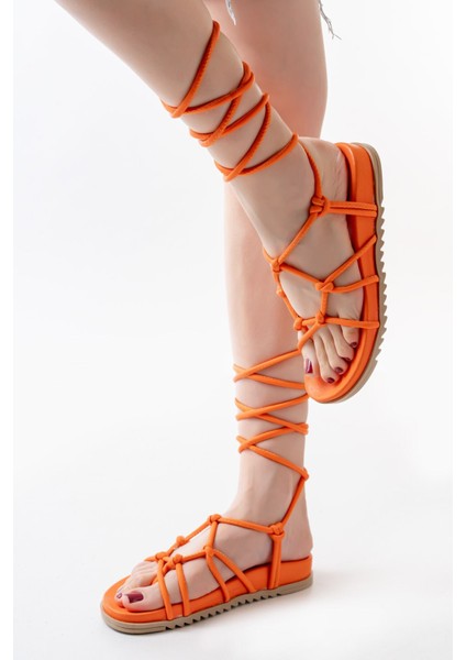 Deri Bayan Sandalet 1001-1001 Orange Bilekten Bağcıklı Kadın Sandalet