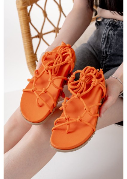 Deri Bayan Sandalet 1001-1001 Orange Bilekten Bağcıklı Kadın Sandalet