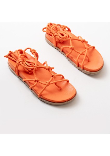 Deri Bayan Sandalet 1001-1001 Orange Bilekten Bağcıklı Kadın Sandalet