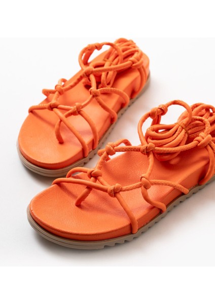 Deri Bayan Sandalet 1001-1001 Orange Bilekten Bağcıklı Kadın Sandalet