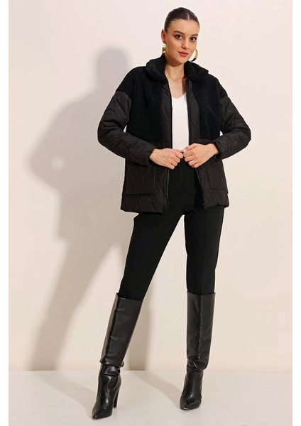 5182 Peluş Detaylı Oversize Şişme Mont Siyah