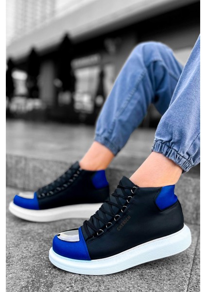 SHO267 Bağcıklı Yüksek Taban Gbt Roma Mirror Erkek Spor Bot Sıyah/sax Mavı