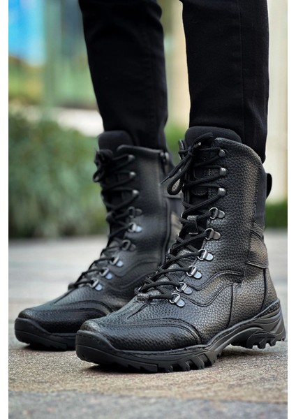 Shoecide SHO051 Bağcıklı Kalın Taban Rst Scalatore Erkek Postal Boksör Bot Sıyah