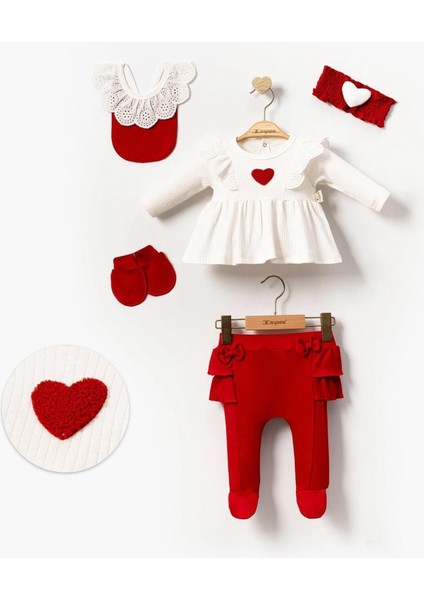 Kalp Desenli 5li Hastane Çıkışı Seti Pamuk Body, Tayt Patikli, Önlük, Eldiven ve Saç Bandı Yenidoğan Bebek Kombini