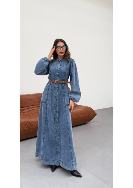 Premium Kalite Düğme ve Kemer Detaylı Denim Kot Elbise Tesettür Jean Elbise 148 cm