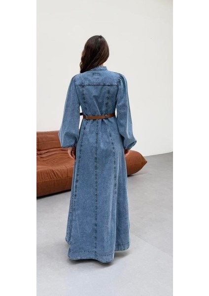 Premium Kalite Düğme ve Kemer Detaylı Denim Kot Elbise Tesettür Jean Elbise 148 cm