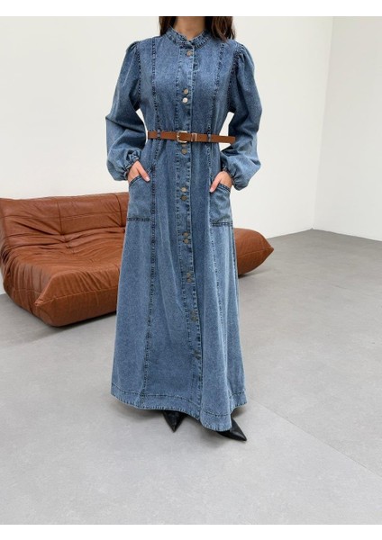 Premium Kalite Düğme ve Kemer Detaylı Denim Kot Elbise Tesettür Jean Elbise 148 cm