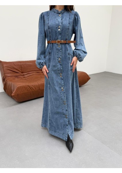 Premium Kalite Düğme ve Kemer Detaylı Denim Kot Elbise Tesettür Jean Elbise 148 cm