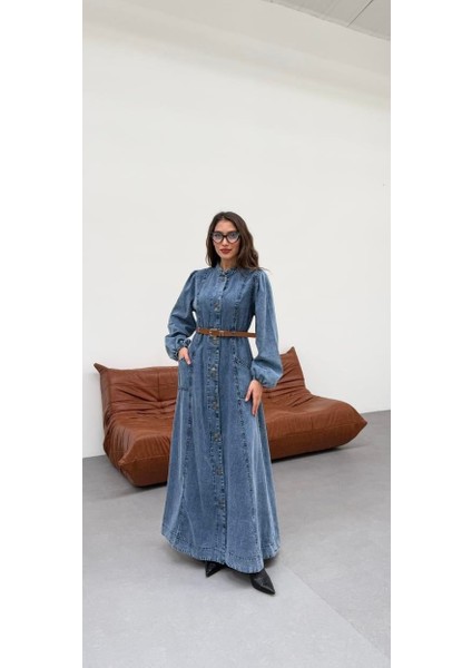 Premium Kalite Düğme ve Kemer Detaylı Denim Kot Elbise Tesettür Jean Elbise 148 cm