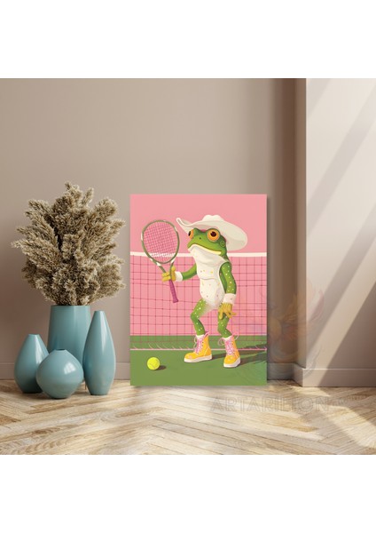 Tenis Oynayan Kurbağa Kanvas Tablo Modern Ev Dekoru Salon Tablosu