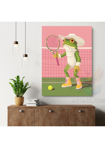 Tenis Oynayan Kurbağa Kanvas Tablo Modern Ev Dekoru Salon Tablosu