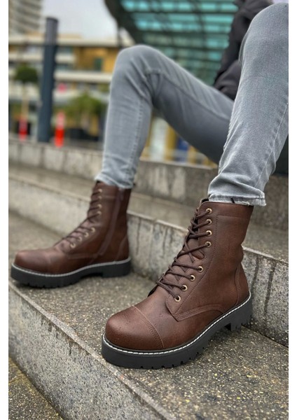 Shoecide SHO009 Bağcıklı Fermuarlı Yüksek Taban Cst Military Erkek Bot Kahve