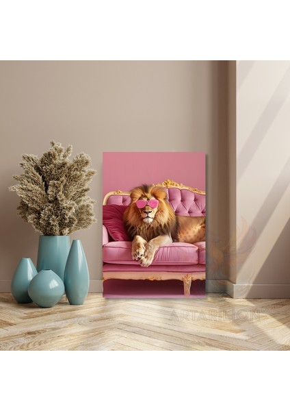 Pembe Gözlüklü Aslan Kanvas Tablo Duvar Tablosu Salon Dekoru Yeni Ev Hediyesi